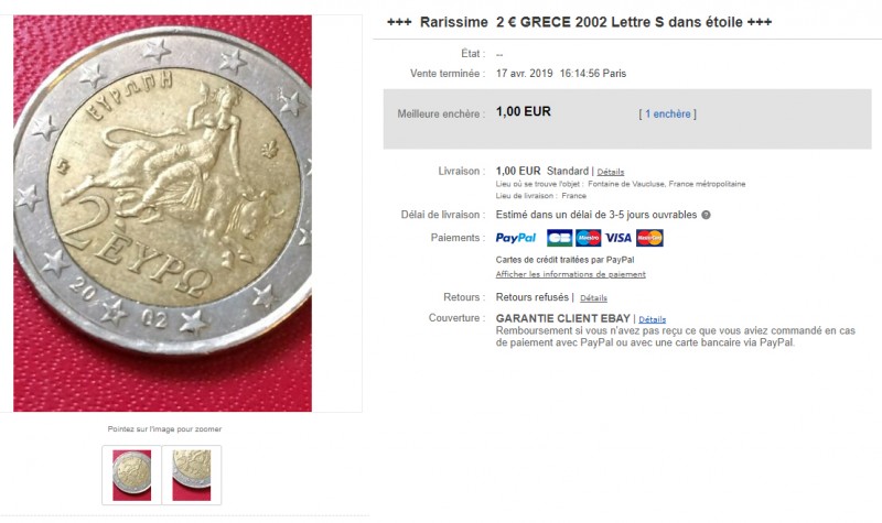 Sur , une pièce grecque de 2 euros mise en vente 80 000 euros