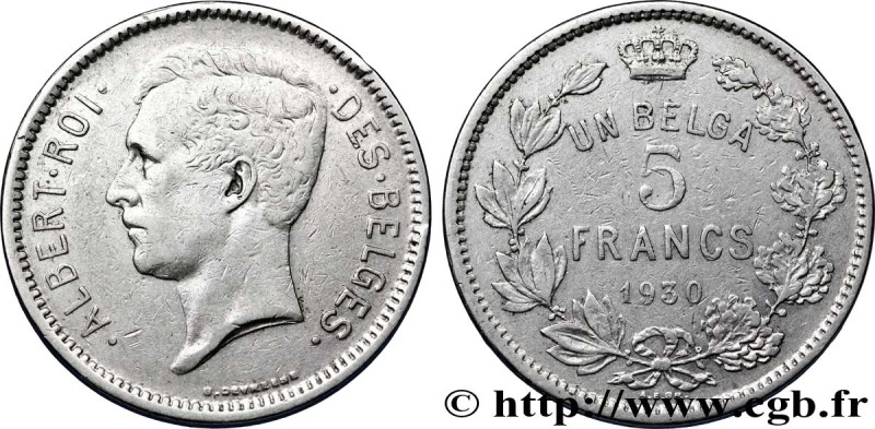 BELGIQUE 5 Francs (1 Belga) Albert Ier légende Française 1930 TTB 